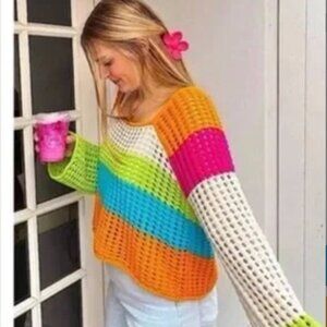 Wild Fable Crochet Sweater size S Multi Color Square Neck Lightweight Casualwear
